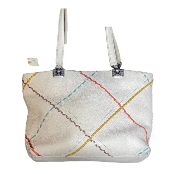 Brighton Purse Beige Leather Tote Double Strap Colorful Stitching - Picture 3 of 7